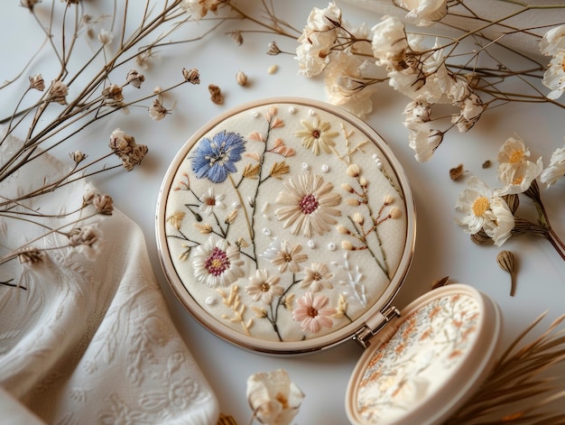 Hoop z haftem kwiatowym na lnianym materiale